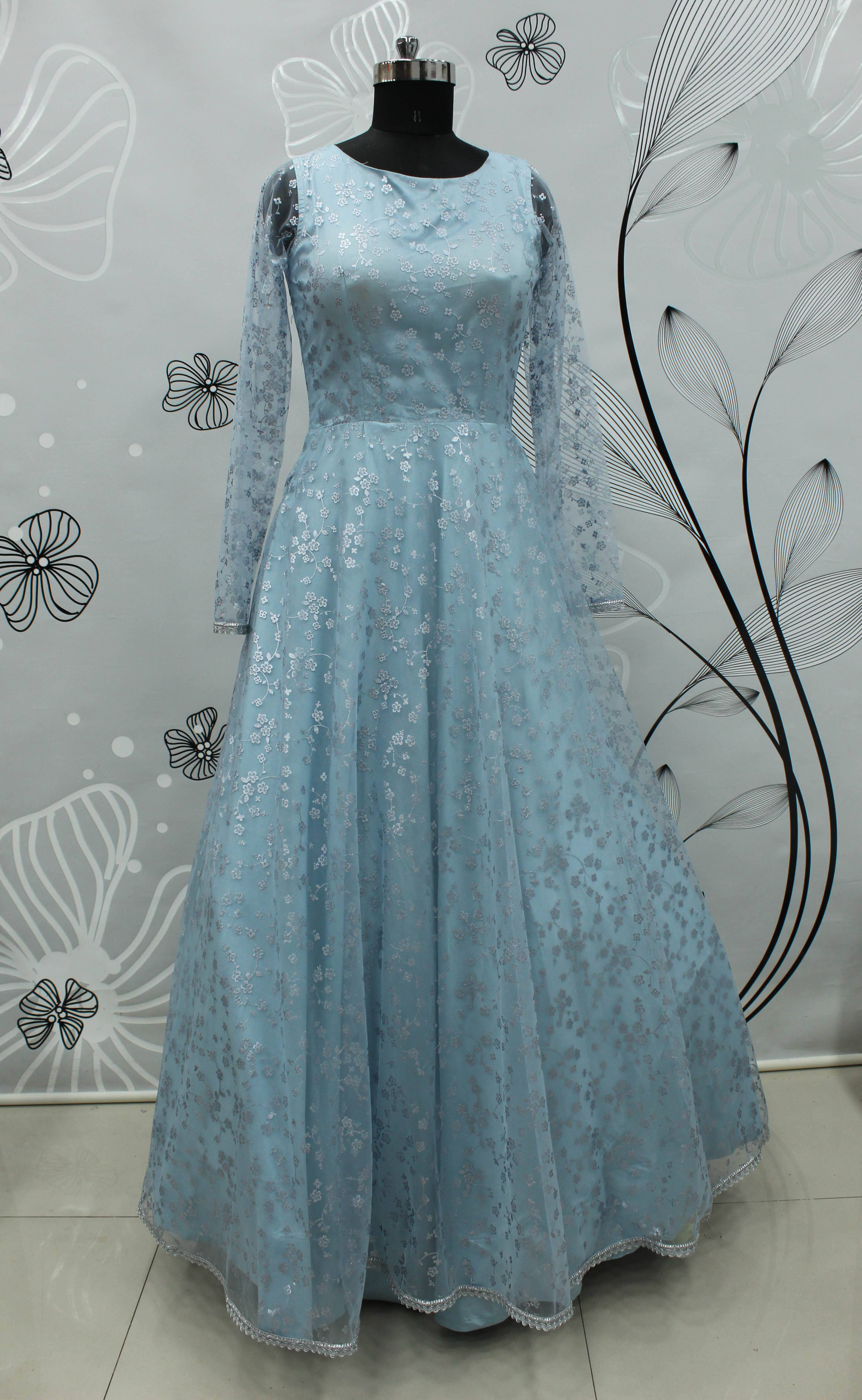 Sky Blue Metallic Foilage Net Evening Long Gown Semi stitched